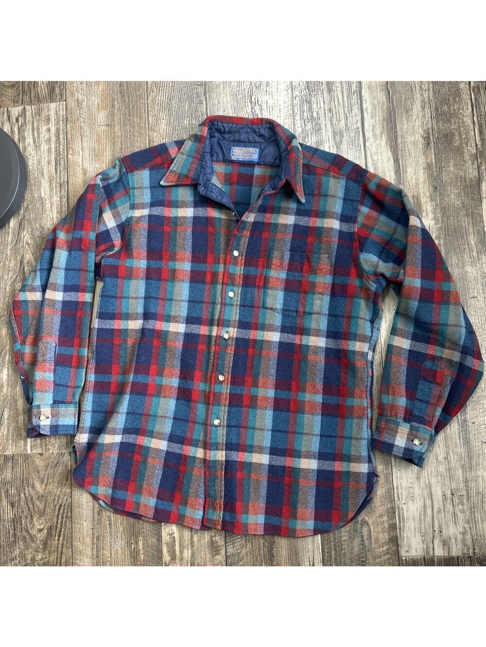 Vintage Pendleton Wool Shirt Mens L Blue Red Plaid Made USA Long Sleeve